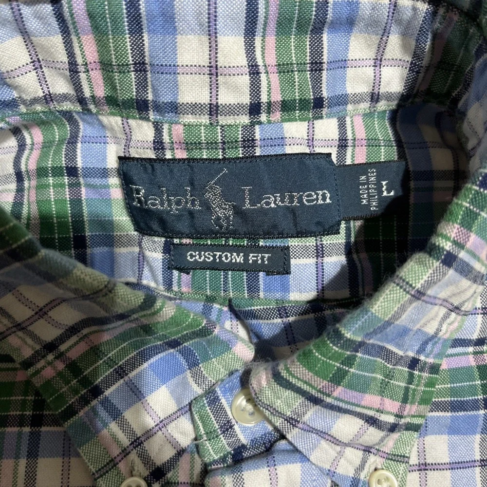 Ralph Lauren Shirt Men's‎ Custom Fit Size L Green Blue  Plaid Cotton Casual